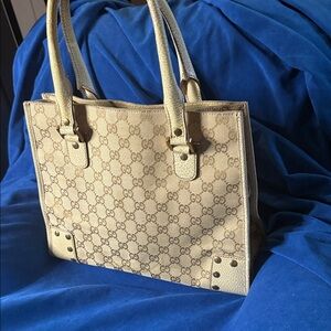 Auth Gucci GG Canvas x Leather Beige x Ivory 124260 214397 Tote Bag NS100248